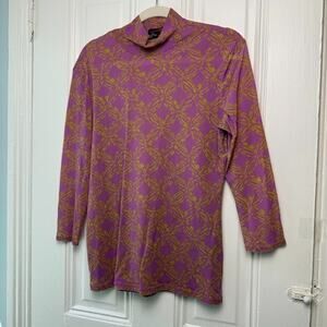 Mesh Mock Neck Top Womens XL Purple Green Geometric Sheer Turtleneck